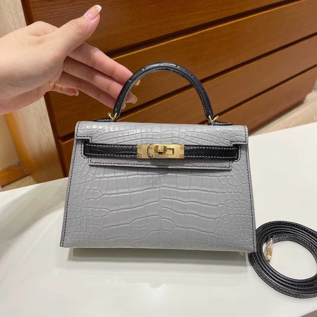 Saudi Arabia Hermes Kelly Mini II 2代 HSS 霧面美洲鱷魚 80 Gris Perle/89 Noir 金扣