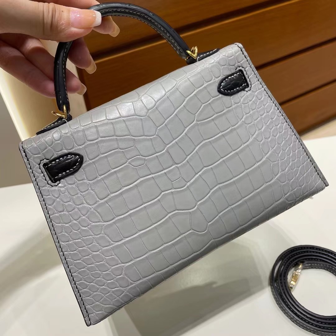 Saudi Arabia Hermes Kelly Mini II 2代 HSS 霧面美洲鱷魚 80 Gris Perle/89 Noir 金扣