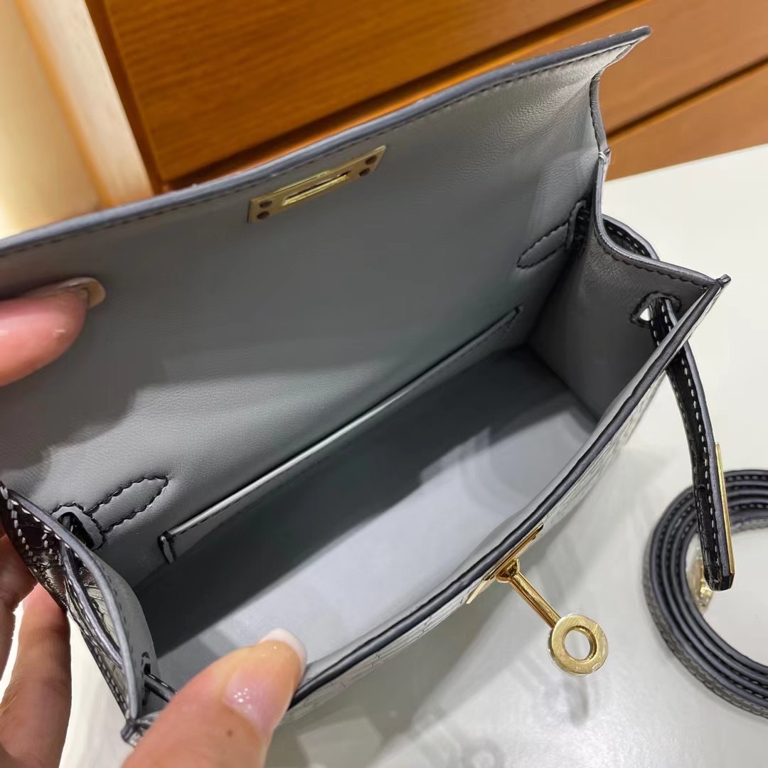 Saudi Arabia Hermes Kelly Mini II 2代 HSS 霧面美洲鱷魚 80 Gris Perle/89 Noir 金扣