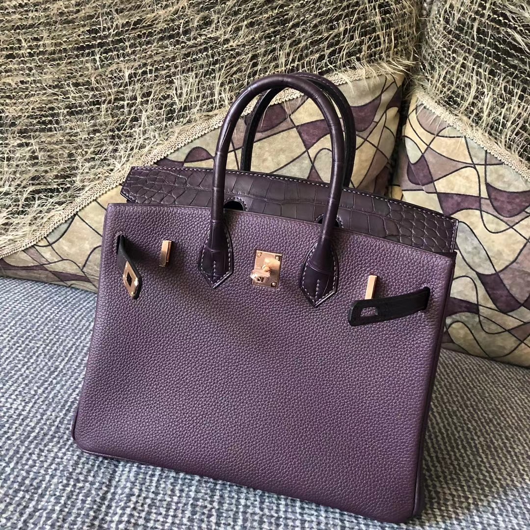 Britain Hermes Birkin 25 Touch Togo/霧面美洲鱷魚 59 葡萄紫 Raisin 玫瑰金扣