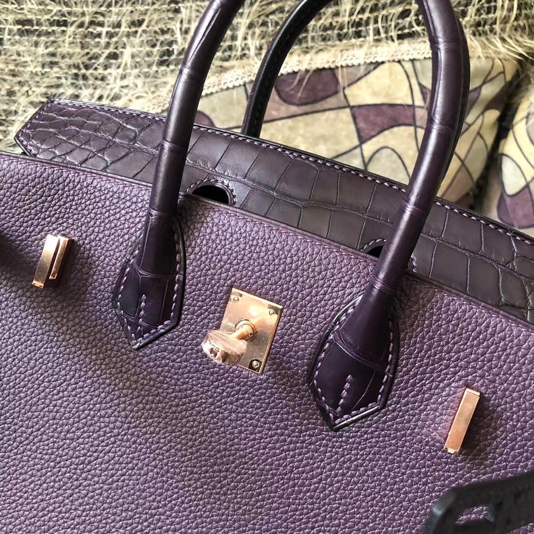 Britain Hermes Birkin 25 Touch Togo/霧面美洲鱷魚 59 葡萄紫 Raisin 玫瑰金扣