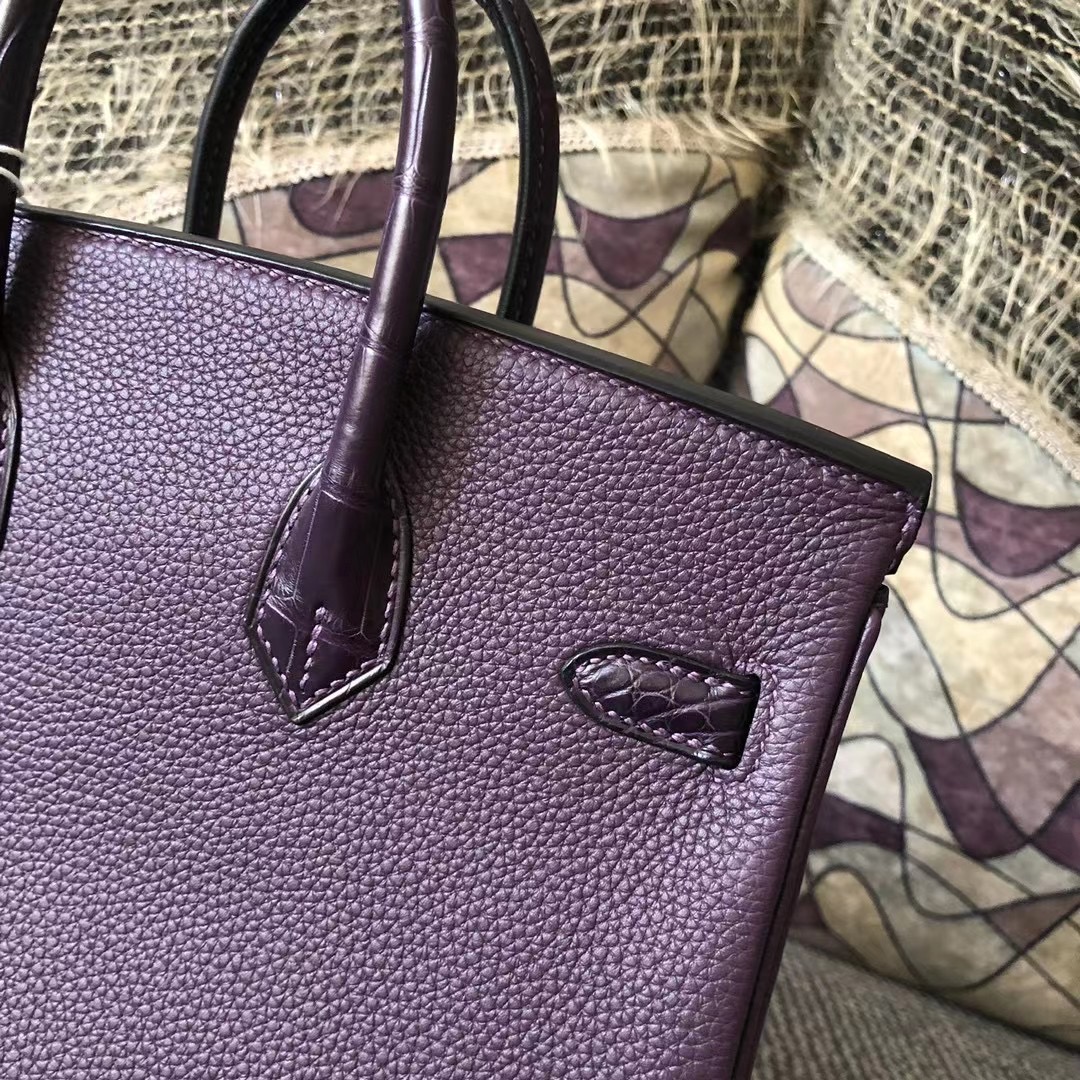 Britain Hermes Birkin 25 Touch Togo/霧面美洲鱷魚 59 葡萄紫 Raisin 玫瑰金扣