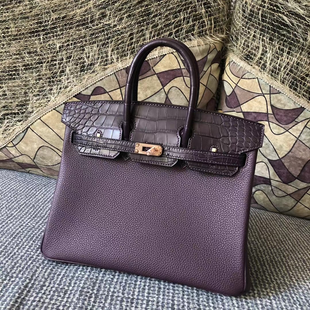 Britain Hermes Birkin 25 Touch Togo/霧面美洲鱷魚 59 葡萄紫 Raisin 玫瑰金扣