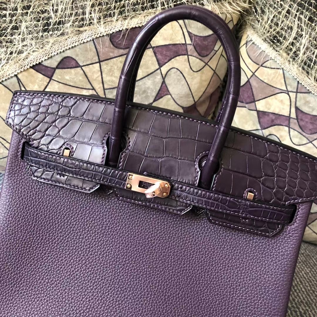 Britain Hermes Birkin 25 Touch Togo/霧面美洲鱷魚 59 葡萄紫 Raisin 玫瑰金扣