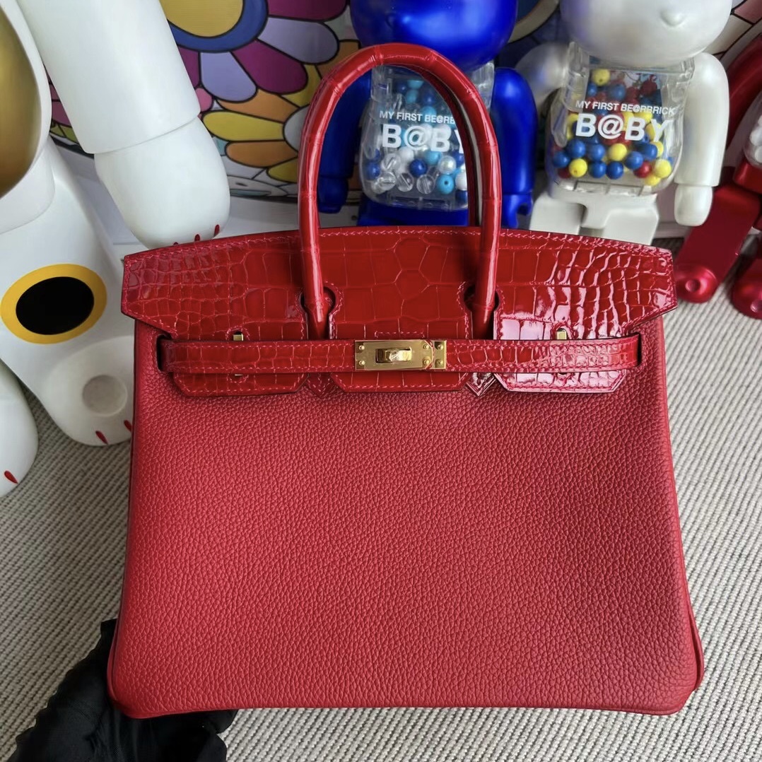 Singapore Hermes Birkin 25 Touch Togo/亮面美洲鱷魚 Q5 Rose casaque 國旗紅金扣