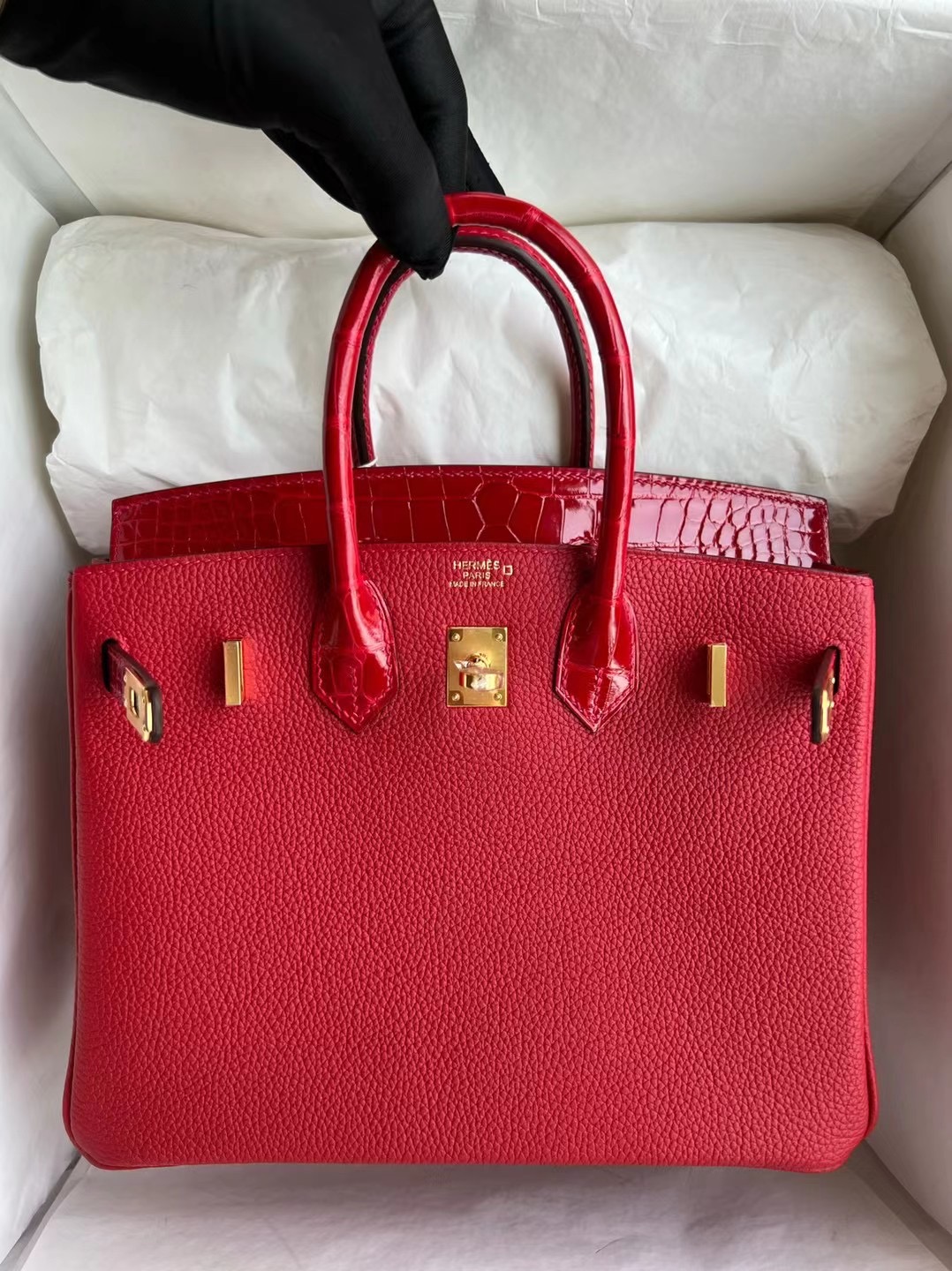 Singapore Hermes Birkin 25 Touch Togo/亮面美洲鱷魚 Q5 Rose casaque 國旗紅金扣