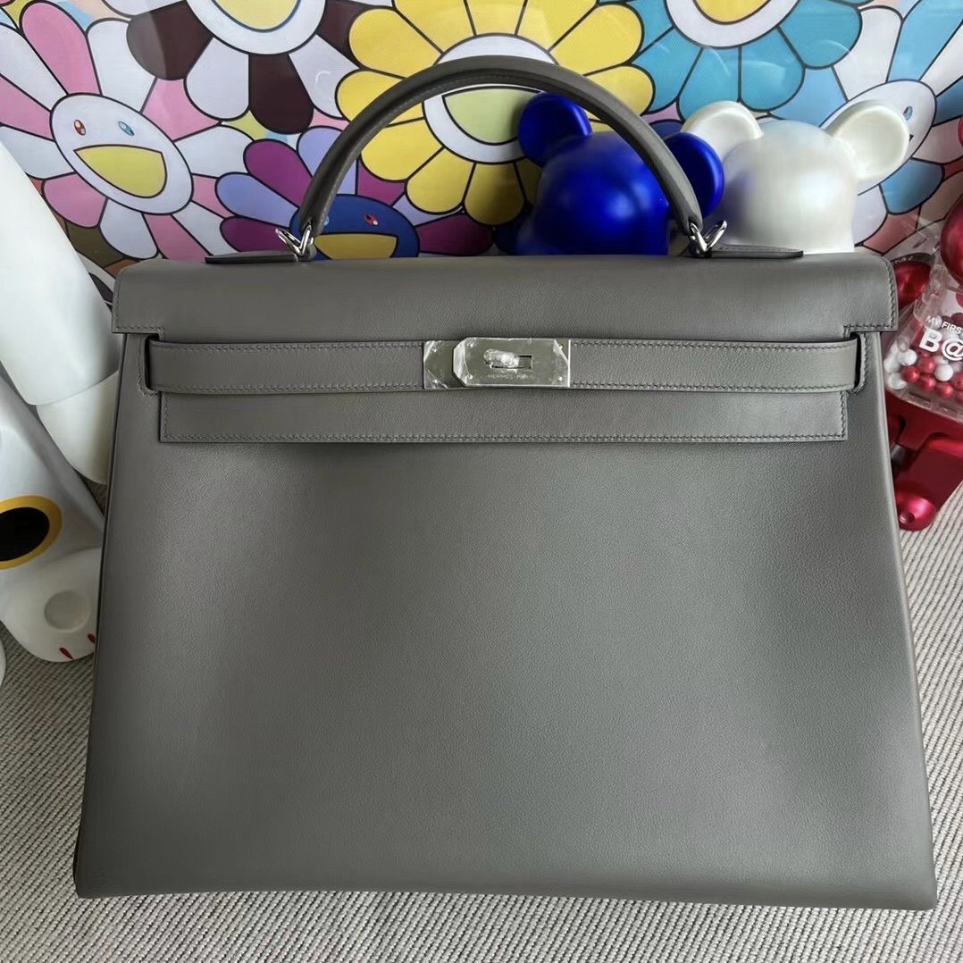 Hermes Kelly 40cm Swift  8F Etain 錫器灰 銀扣 Silver hardware 全手工蜜蠟線縫製