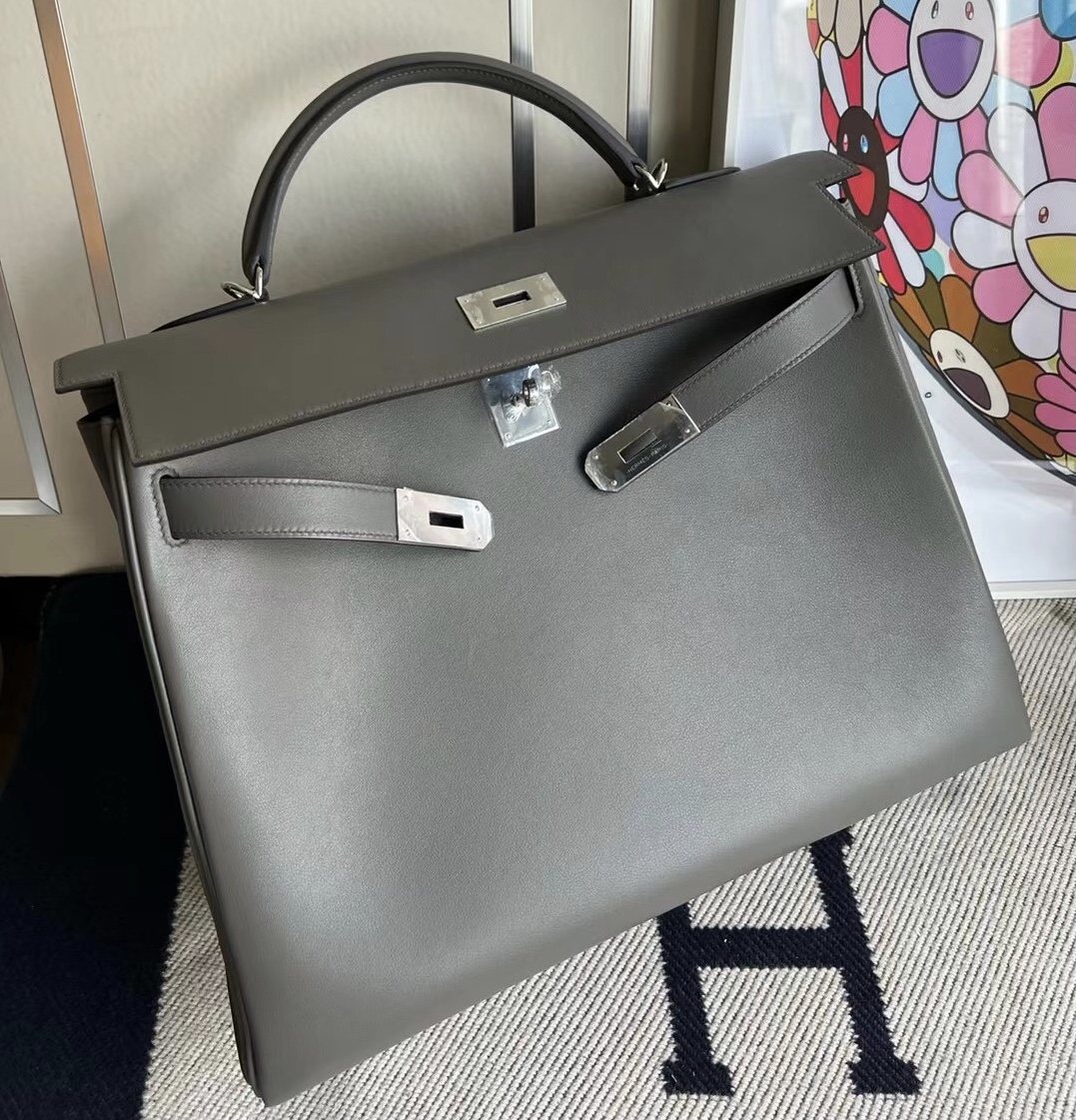 Hermes Kelly 40cm Swift  8F Etain 錫器灰 銀扣 Silver hardware 全手工蜜蠟線縫製