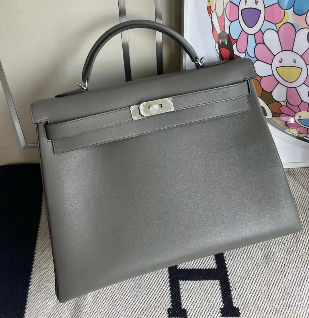 Hermes Kelly 40cm Swift  8F Etain 錫器灰 銀扣 Silver hardware 全手工蜜蠟線縫製