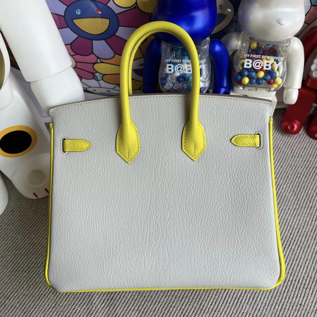 英國 Britain Hermes Birkin 25 Chevre 山羊皮 80 珍珠灰/9R檸檬黃 拉絲銀扣