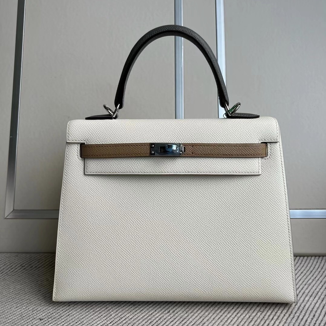 Qatar Doha Hermes Kelly 25 HSS Epsom i2奶油白/0M瑪薩拉茶色/0L積雨雲灰 銀扣