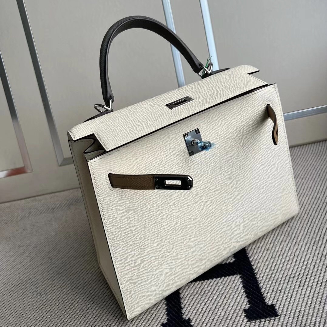 Qatar Doha Hermes Kelly 25 HSS Epsom i2奶油白/0M瑪薩拉茶色/0L積雨雲灰 銀扣