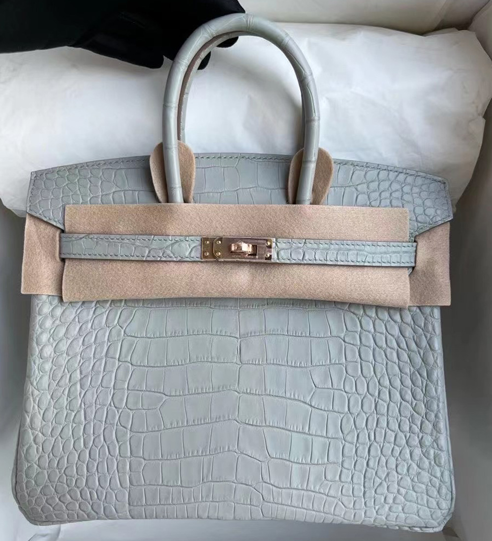 Saudi Arabia Hermes Birkin 25cm 80 珍珠灰霧面美洲鱷魚玫瑰金扣