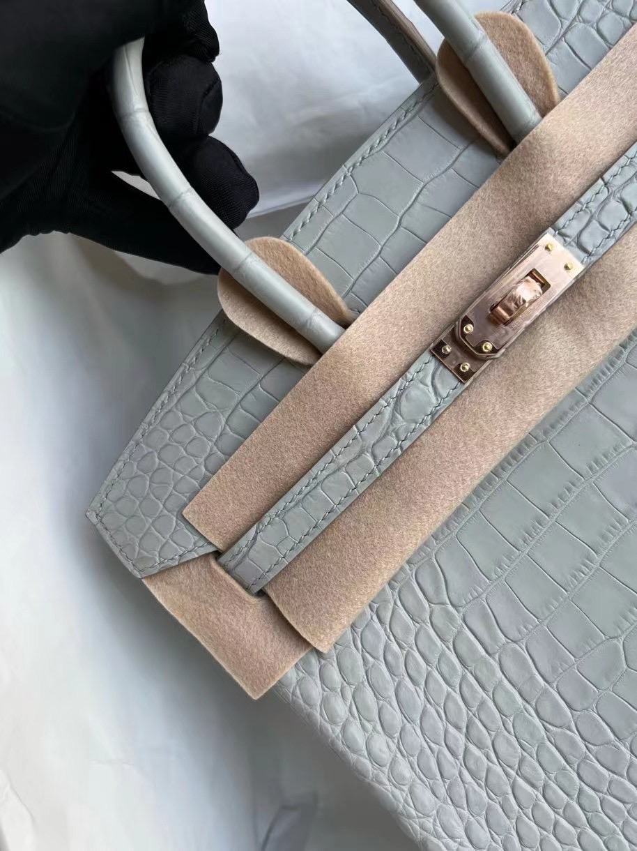 Saudi Arabia Hermes Birkin 25cm 80 珍珠灰霧面美洲鱷魚玫瑰金扣