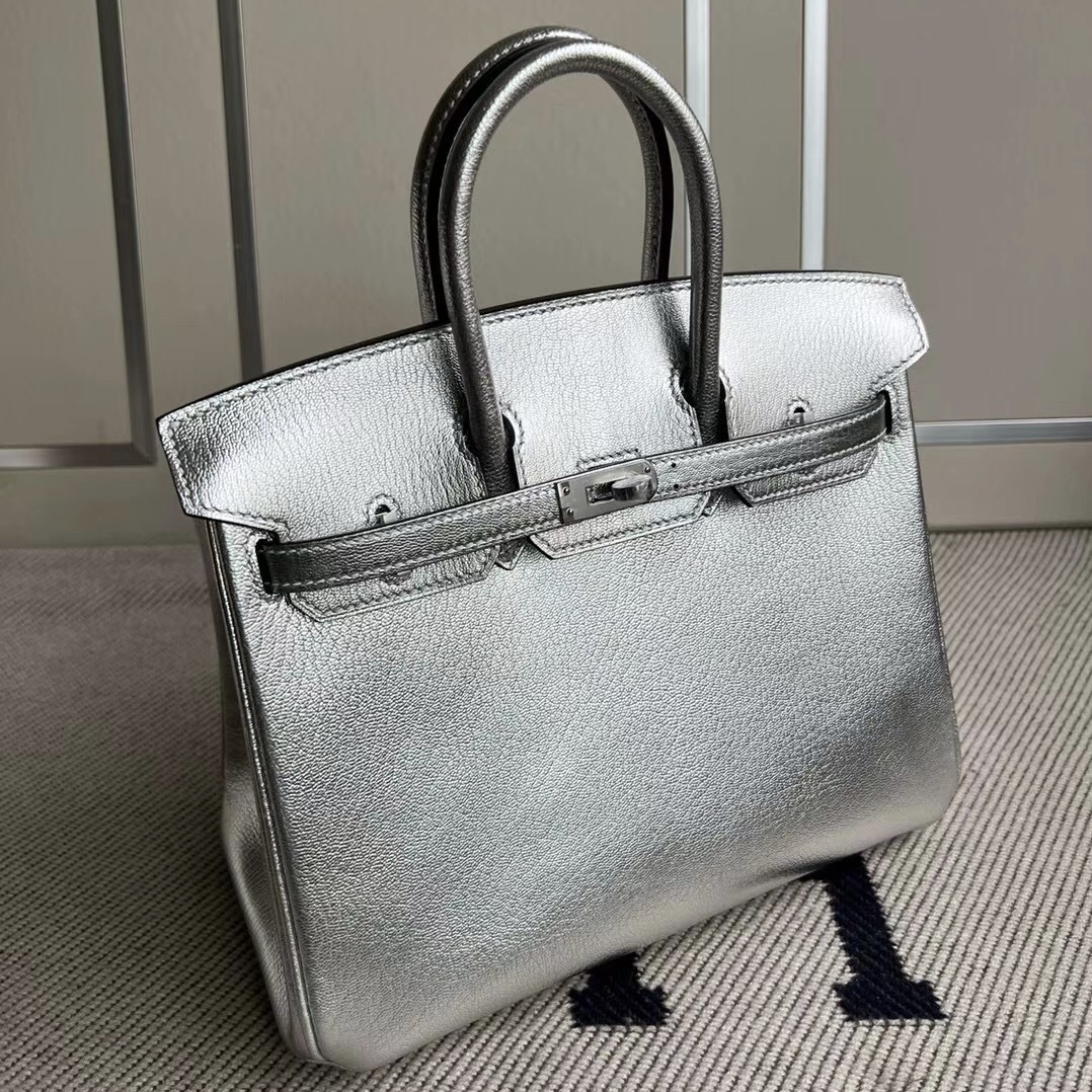 新加坡愛馬仕包包網站 Hermes Birkin 25 Chevre 山羊皮 銀色內拼 黑色銀扣