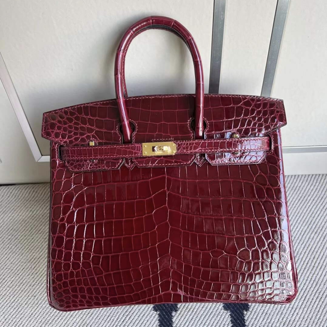 新加坡愛馬仕總店 Hermes Birkin 25 亮面尼羅鱷魚F5 Bourgogne 勃艮第酒紅