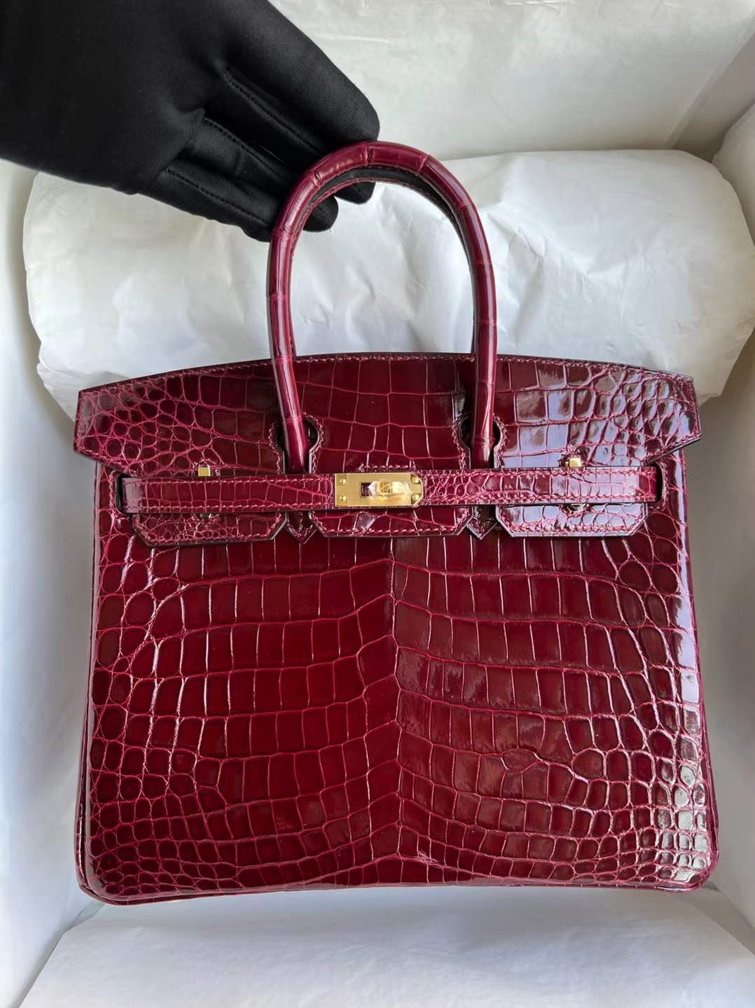 新加坡愛馬仕總店 Hermes Birkin 25 亮面尼羅鱷魚F5 Bourgogne 勃艮第酒紅