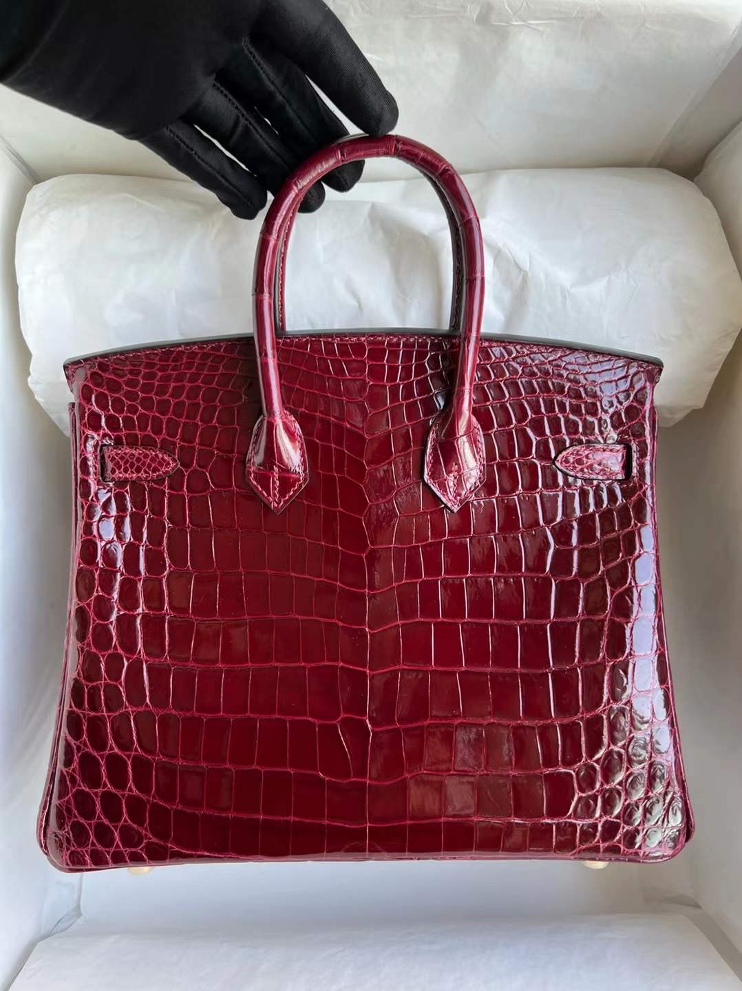 新加坡愛馬仕總店 Hermes Birkin 25 亮面尼羅鱷魚F5 Bourgogne 勃艮第酒紅