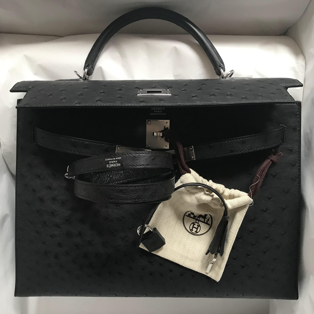 Singapore Hermes Kelly 35 Ostrich 原廠南非KK鴕鳥皮 CK89 Noir 黑色 銀扣