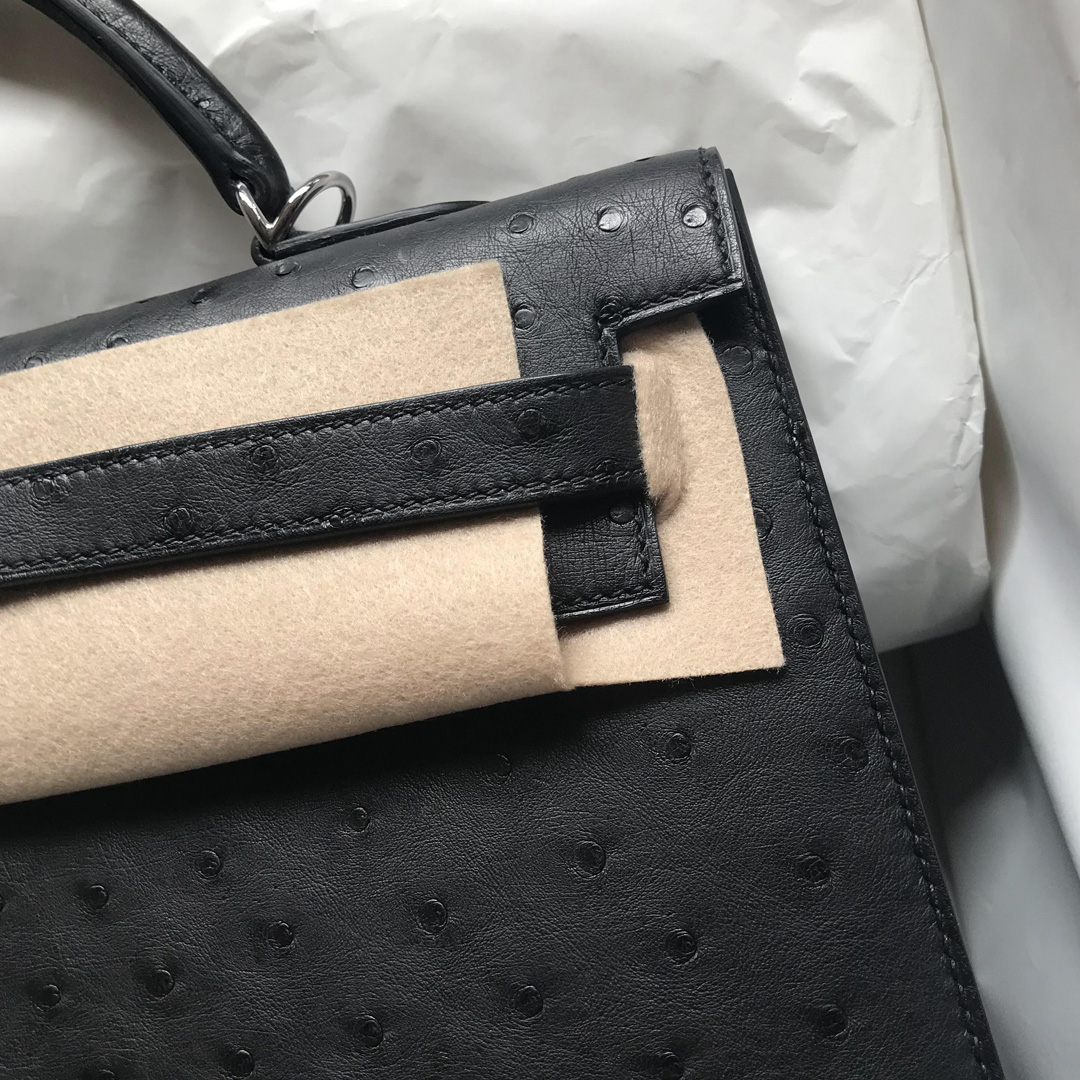 Singapore Hermes Kelly 35 Ostrich 原廠南非KK鴕鳥皮 CK89 Noir 黑色 銀扣