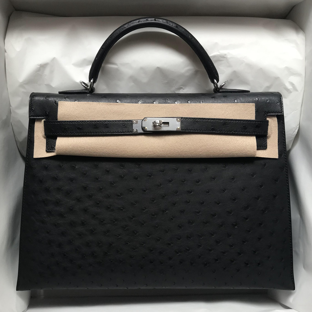 Singapore Hermes Kelly 35 Ostrich 原廠南非KK鴕鳥皮 CK89 Noir 黑色 銀扣