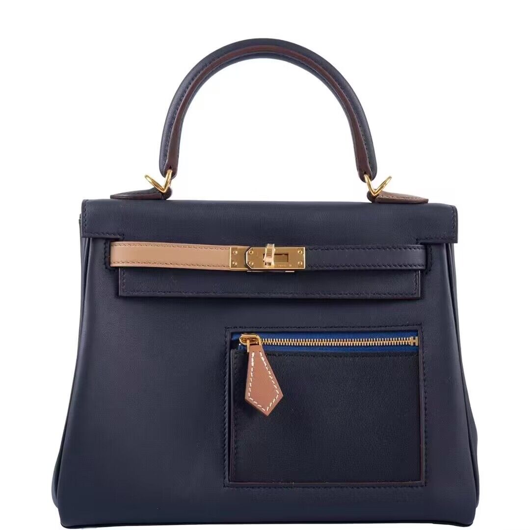 Hermès Kelly 25 Retourne Colormatic Blue Black Chai Etoupe Gold Swift