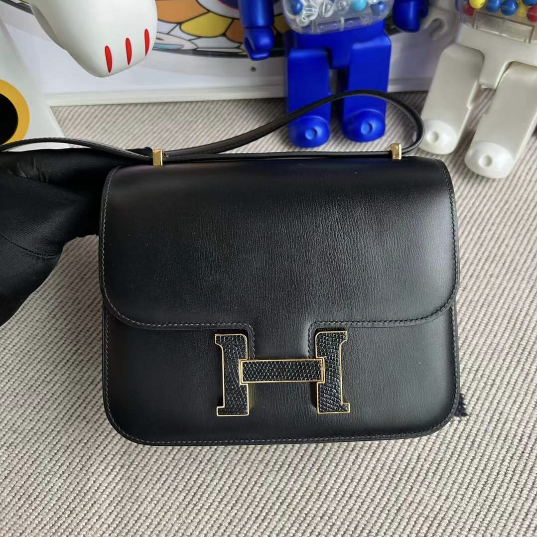 Hermes Constance 18cm Box 皮 89 Noir 黑色 配 自然色蜥蜴扣 金色五金