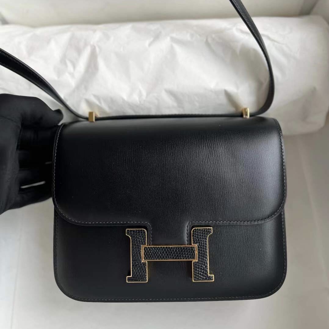 Hermes Constance 18cm Box 皮 89 Noir 黑色 配 自然色蜥蜴扣 金色五金