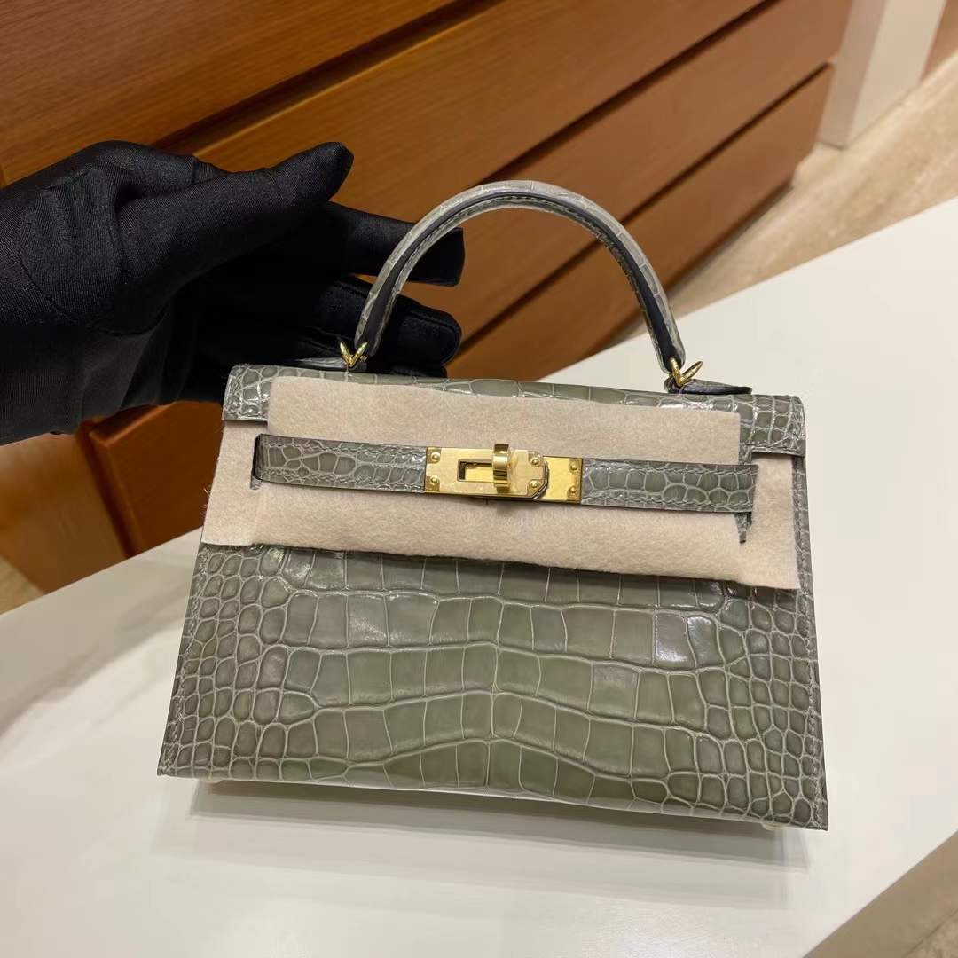 愛馬仕迷你凱莉包價格 Hermès Kelly Mini II 2代Gris Tourterelle 美洲鱷魚GHW