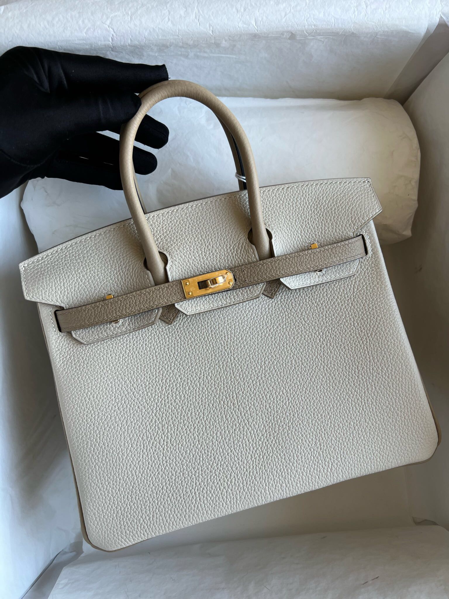 Hermes Birkin 25 HSS Togo 10 Craie 奶昔白/S2 Trench 風衣灰 拉絲金扣