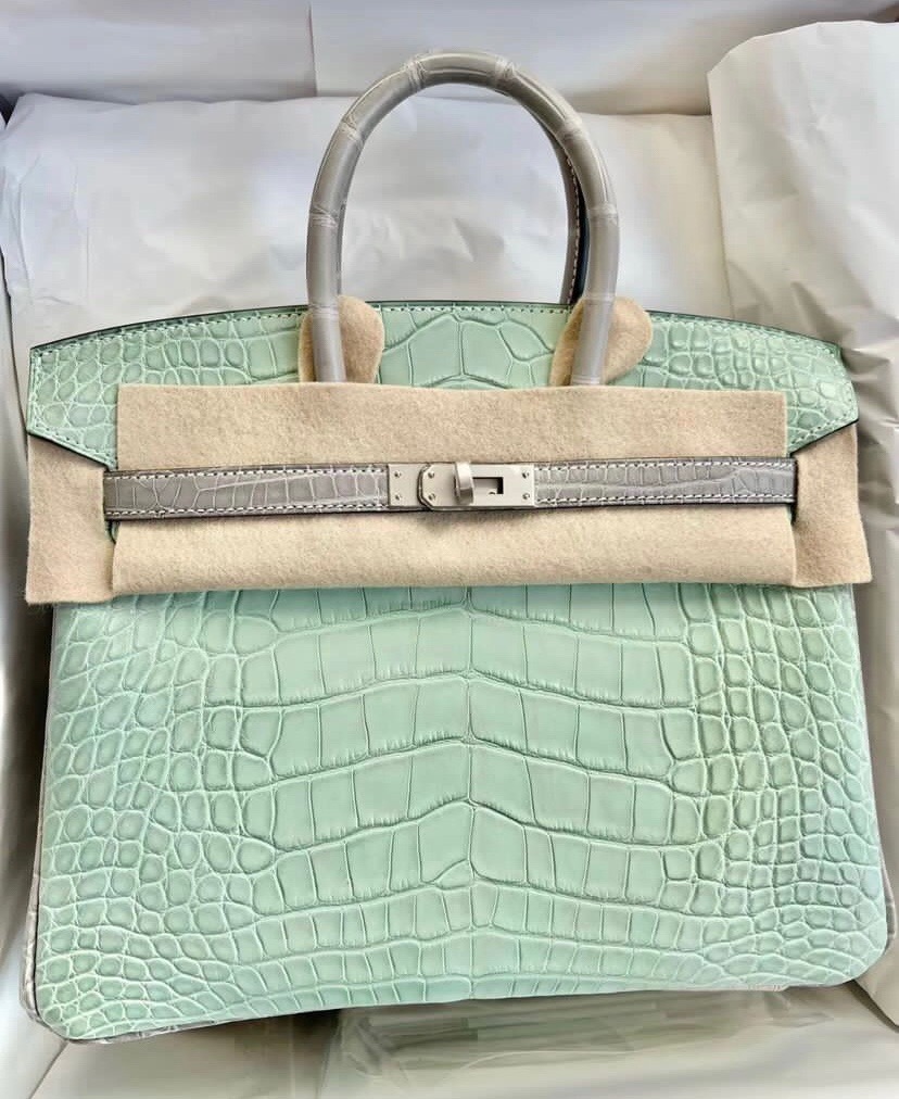 Hermes Birkin 25 HSS霧面美洲鱷魚6U Vert Dfau/Gris Perle 珍珠灰拉絲銀扣