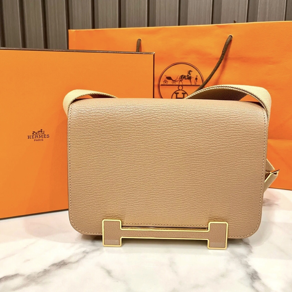 全網首發愛馬仕木屐包 Hermès Geta bag Chevre Mysore 0M Chai 瑪薩拉茶色