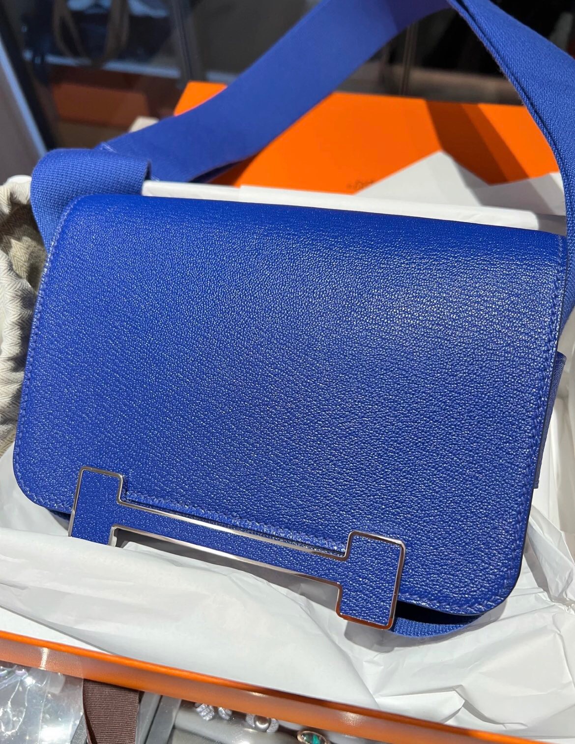 新加坡愛馬仕官網木屐包 Hermès Geta bag Chevre Mysore 7T Blue electric