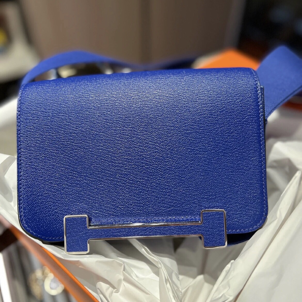 新加坡愛馬仕官網木屐包 Hermès Geta bag Chevre Mysore 7T Blue electric