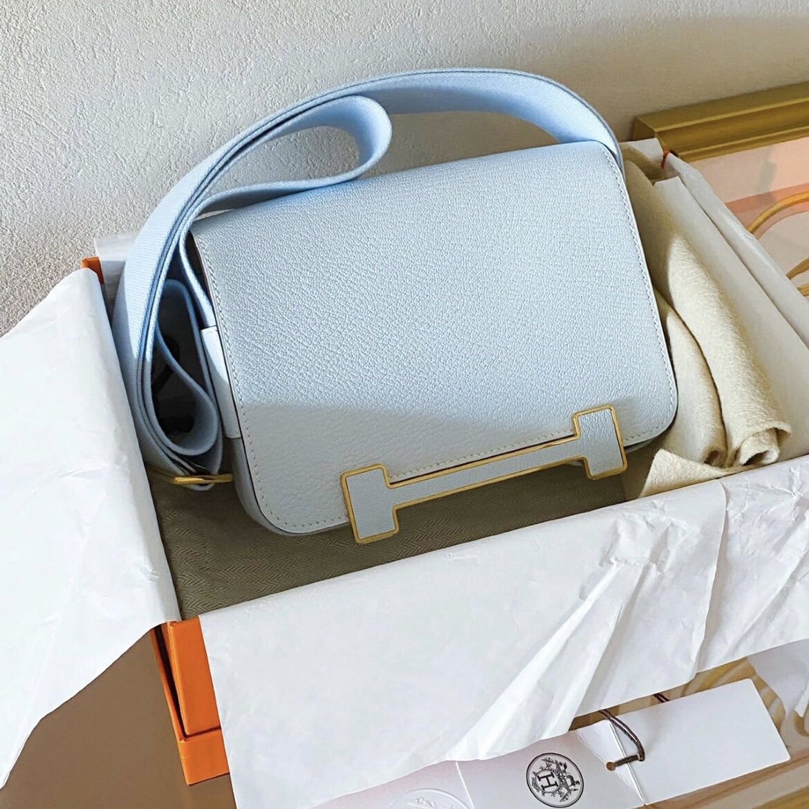 愛馬仕官網木屐包價格多少錢 Hermès Geta bag Chevre Mysore T0 Blue Brume 霧藍色