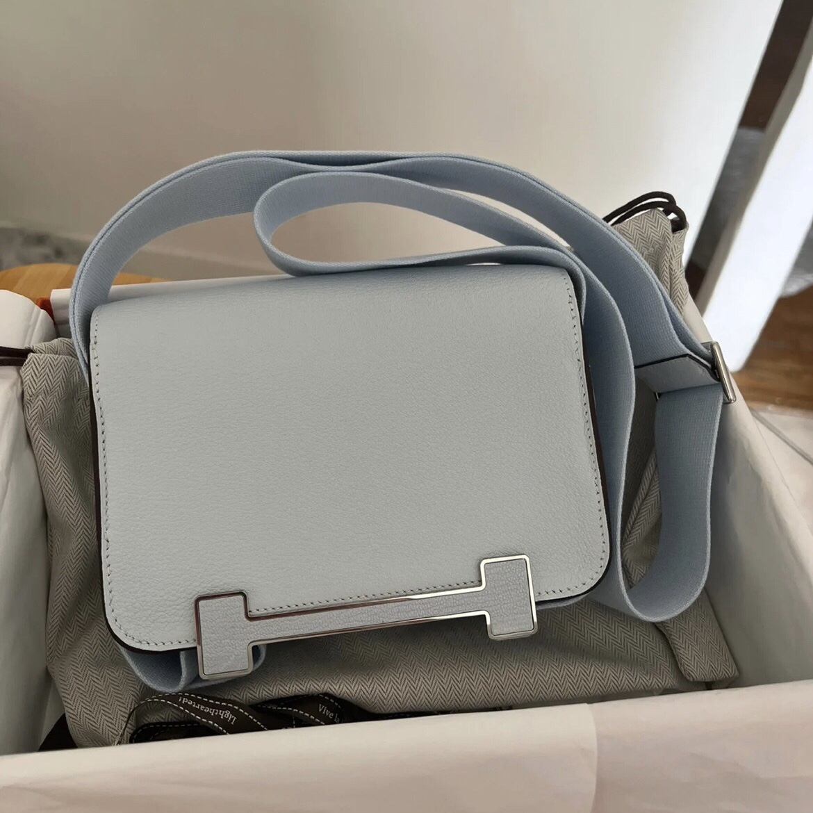 愛馬仕官網木屐包價格多少錢 Hermès Geta bag Chevre Mysore T0 Blue Brume 霧藍色