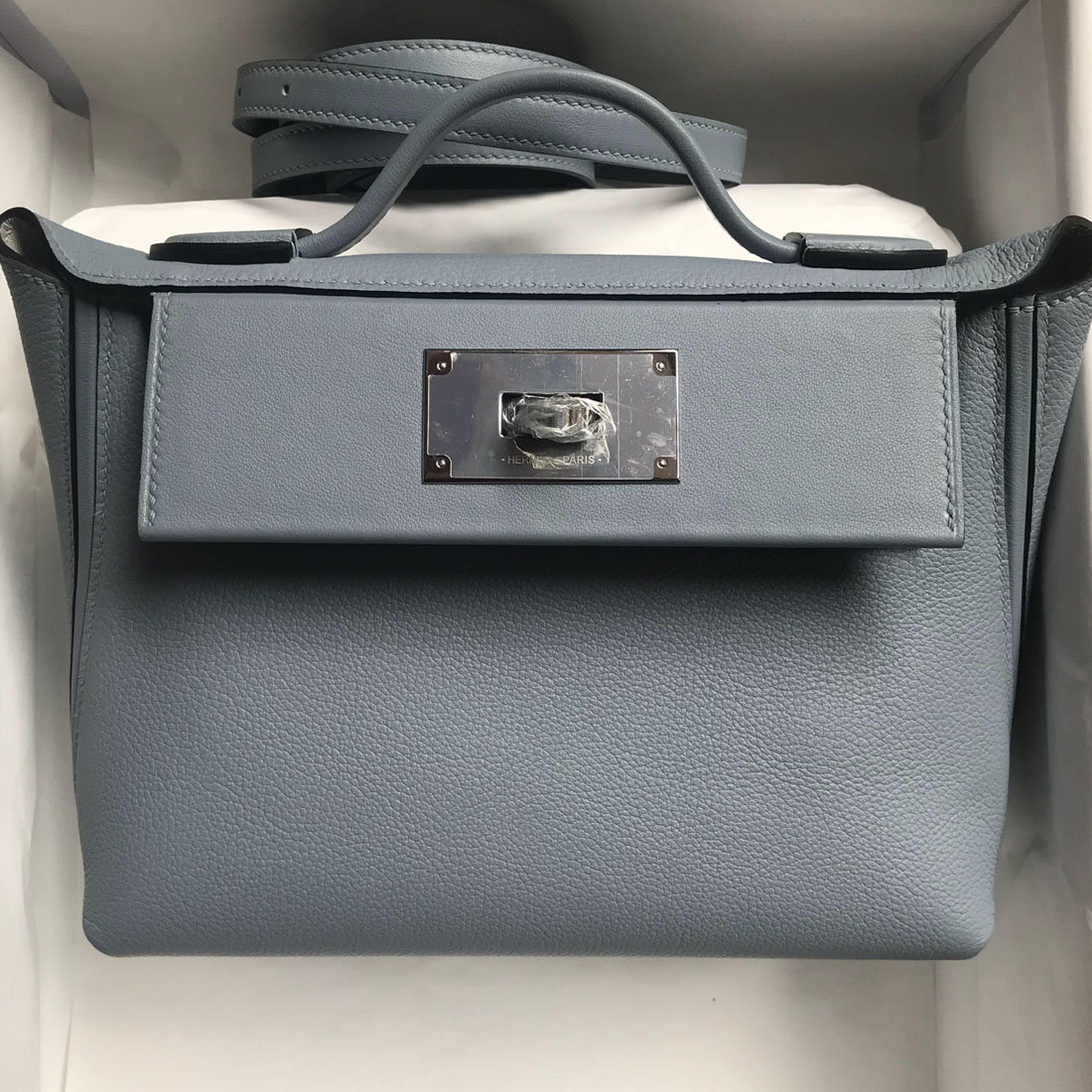 愛馬仕2424mini官方售價 Hermès Kelly 24/24 MINI Evercolor 拼 Swift J7 blue lin 亞麻藍