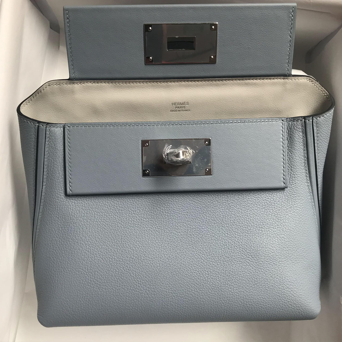 愛馬仕2424mini官方售價 Hermès Kelly 24/24 MINI Evercolor 拼 Swift J7 blue lin 亞麻藍