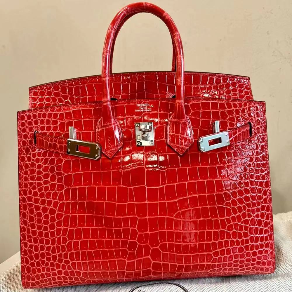 愛馬仕 Hermes Birkin 25 Sellier 外縫 亮面倒V 澳洲灣鱷S3 Rouge de coeur心紅色金扣