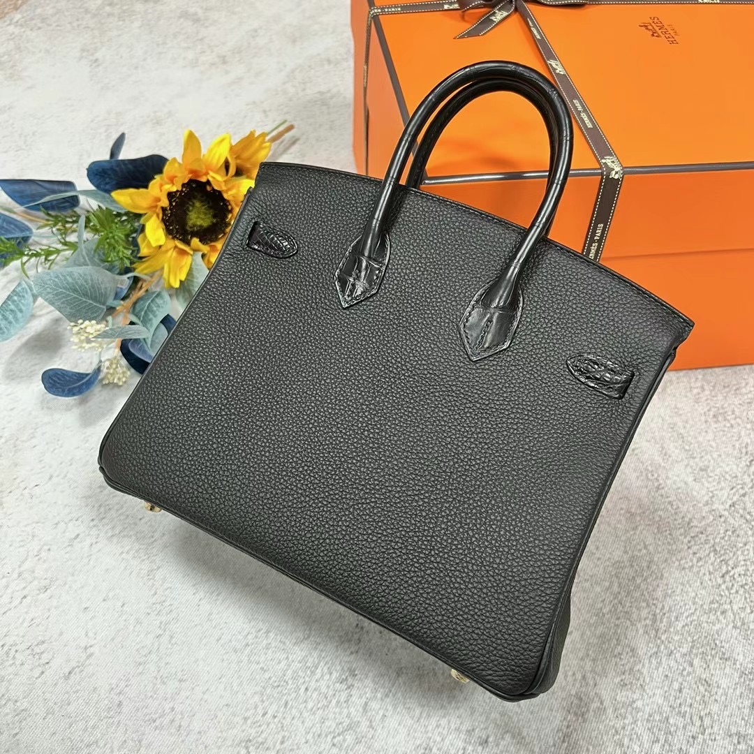 愛馬仕鉑金包 2023刻印 B刻 Hermes Birkin 25 Touch Togo拼美洲鱷魚黑色 金扣