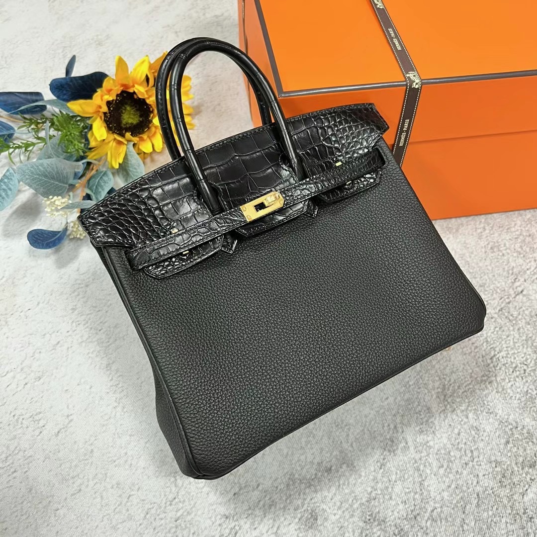 愛馬仕鉑金包 2023刻印 B刻 Hermes Birkin 25 Touch Togo拼美洲鱷魚黑色 金扣