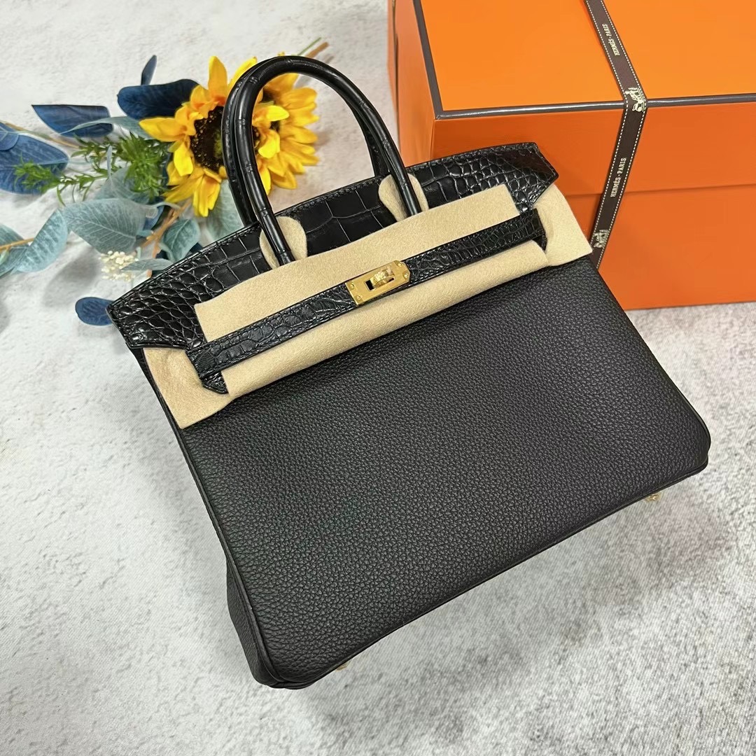 愛馬仕鉑金包 2023刻印 B刻 Hermes Birkin 25 Touch Togo拼美洲鱷魚黑色 金扣