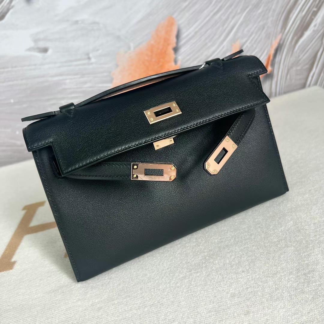 Hermes kelly pochette Chevre U4 vert verigo Gold Hardware 22cm