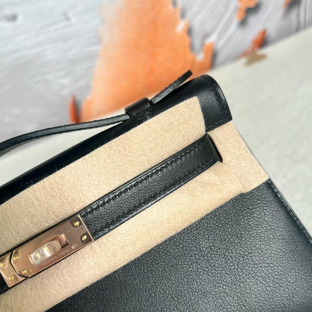 愛馬仕2023刻印 B刻 愛馬仕 Hermes Mini Kelly Pochette Swift Noir 玫瑰金扣