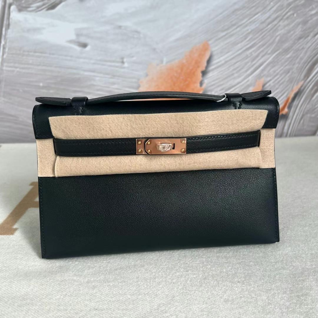 愛馬仕2023刻印 B刻 愛馬仕 Hermes Mini Kelly Pochette Swift Noir 玫瑰金扣