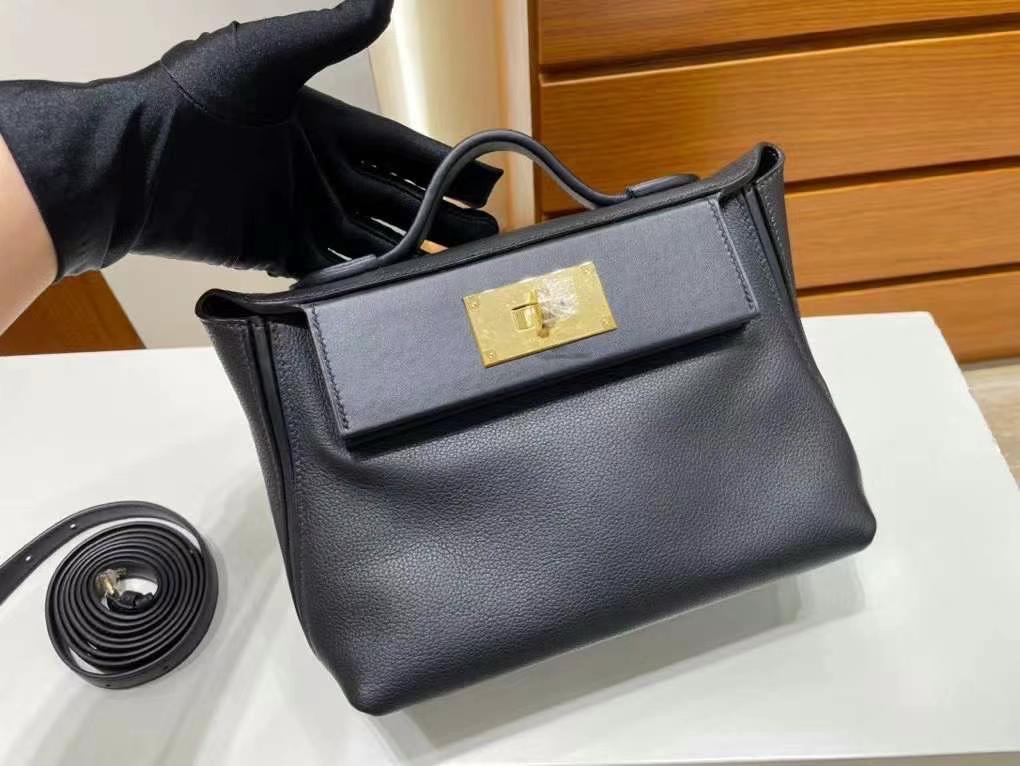 愛馬仕mini2424 香港 臺灣網站價格及圖片 Hermes Mini 24/24 Evercolor拼Swift Noir黑色金扣