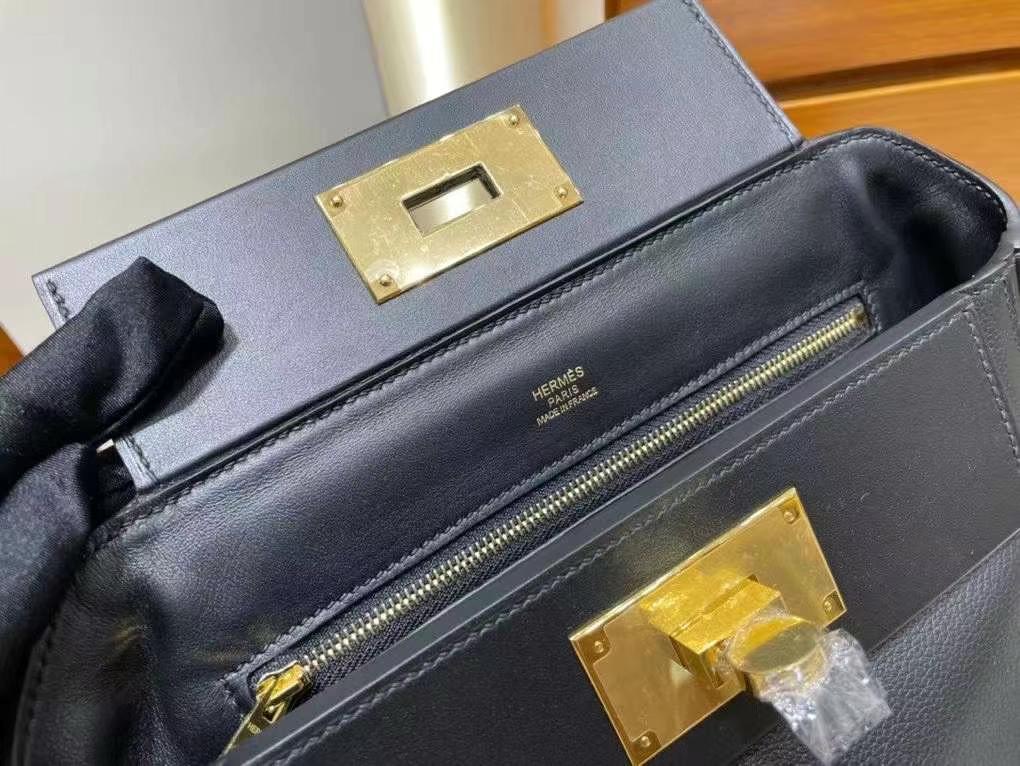 愛馬仕mini2424 香港 臺灣網站價格及圖片 Hermes Mini 24/24 Evercolor拼Swift Noir黑色金扣