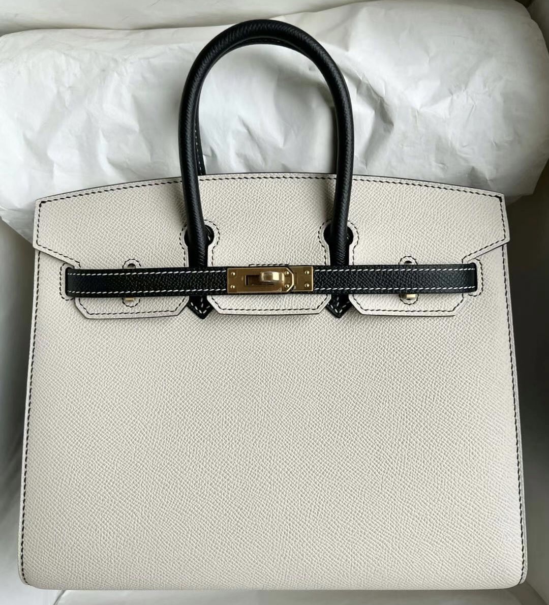 愛馬仕鉑金包拼色價格圖片 Hermes Birkin 25 HSS Epsom Sellier外縫Craie Noir 拉絲金扣