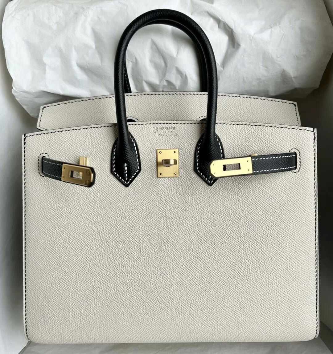 愛馬仕鉑金包拼色價格圖片 Hermes Birkin 25 HSS Epsom Sellier外縫Craie Noir 拉絲金扣