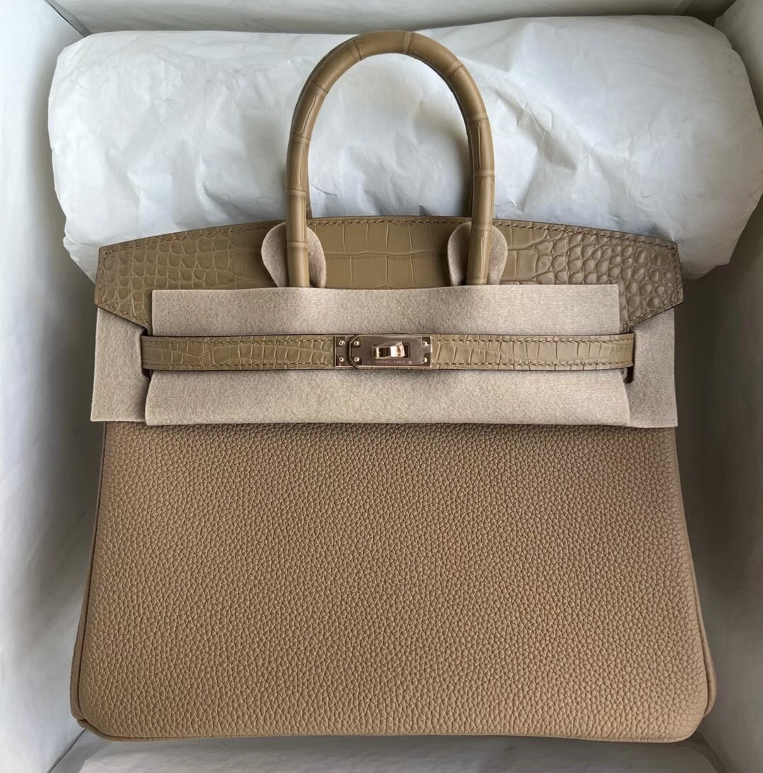 愛馬仕包包圖片及價格Hermes Price Birkin25 Touch Togo crocodile Chai 瑪薩拉茶色玫瑰金扣